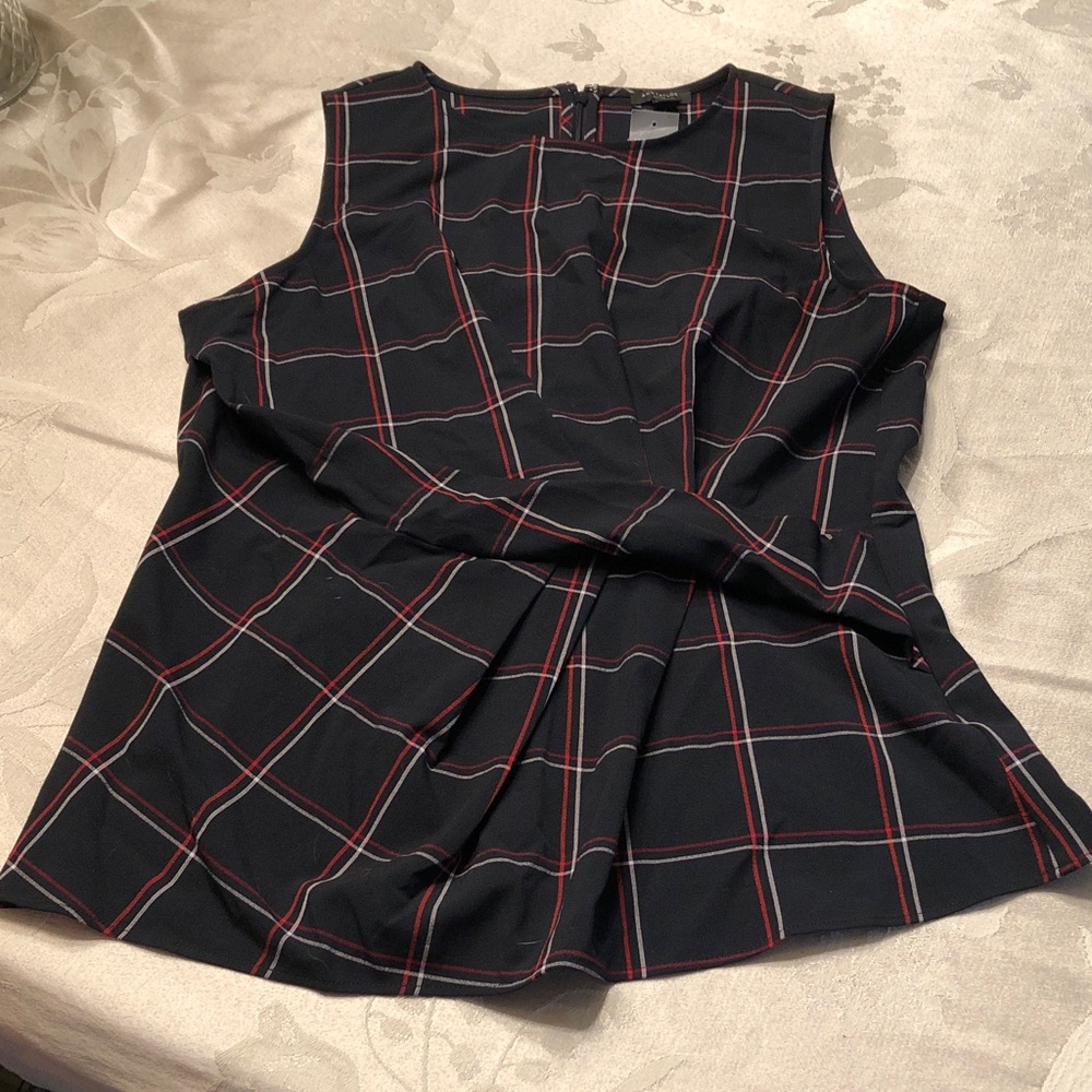 Ann Taylor Navy Blue Plaid Sleeveless Shell with Red and White Windowpane